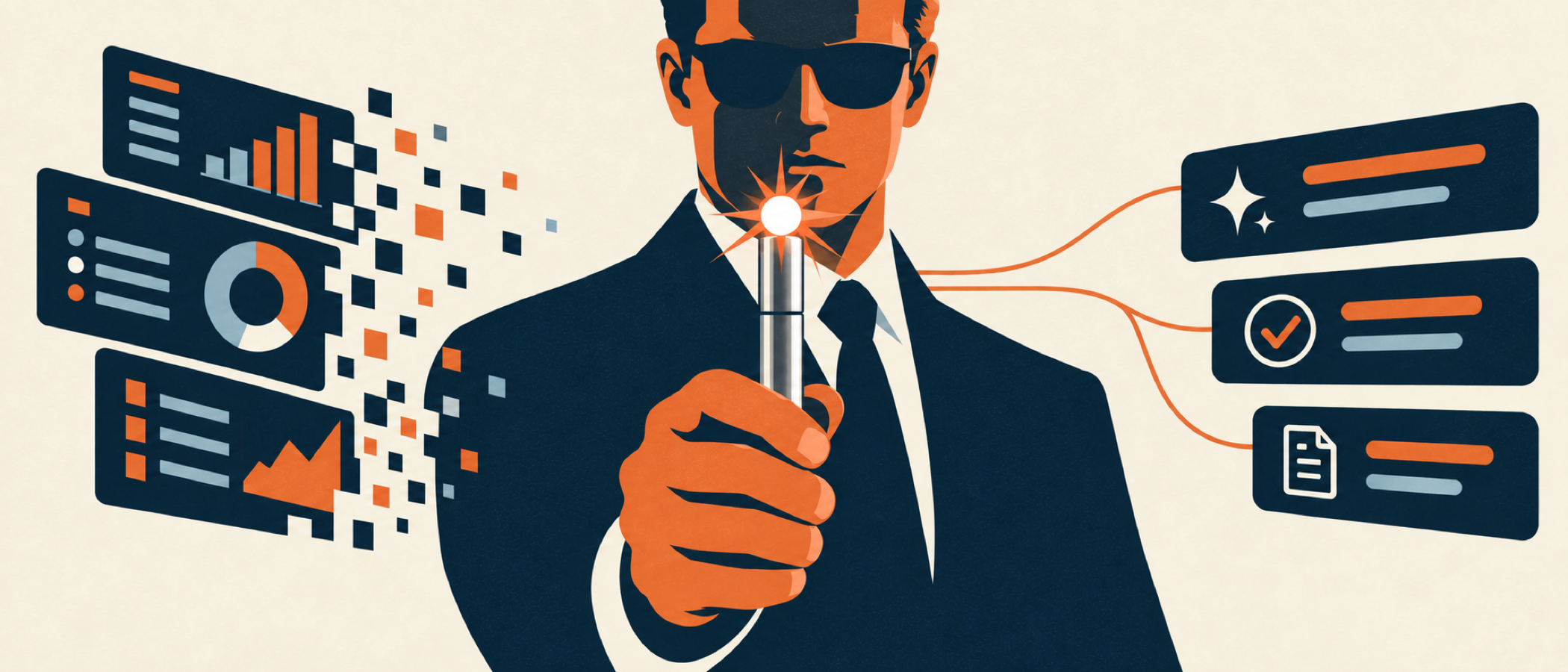 An agent in sunglasses holds an upright silver Neuralyzer as dashboards dissolve into simpler recommendation cards